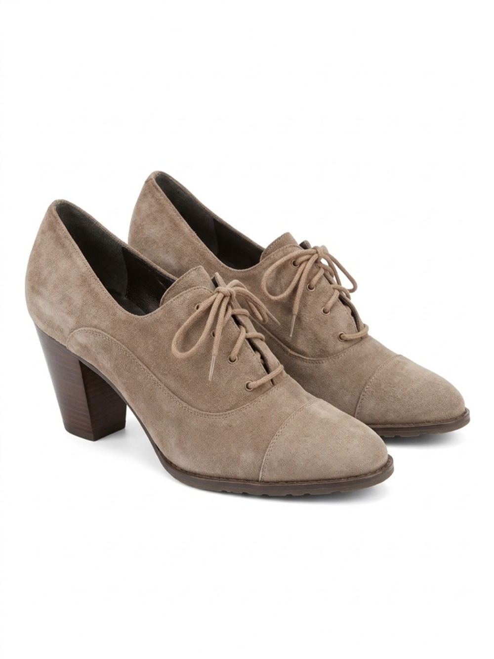 Stuart Weitzman Taupe Suede Lace-Up Block Heel Oxfords